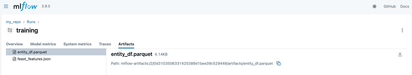 Entity DataFrame saved as artifact in MLflow