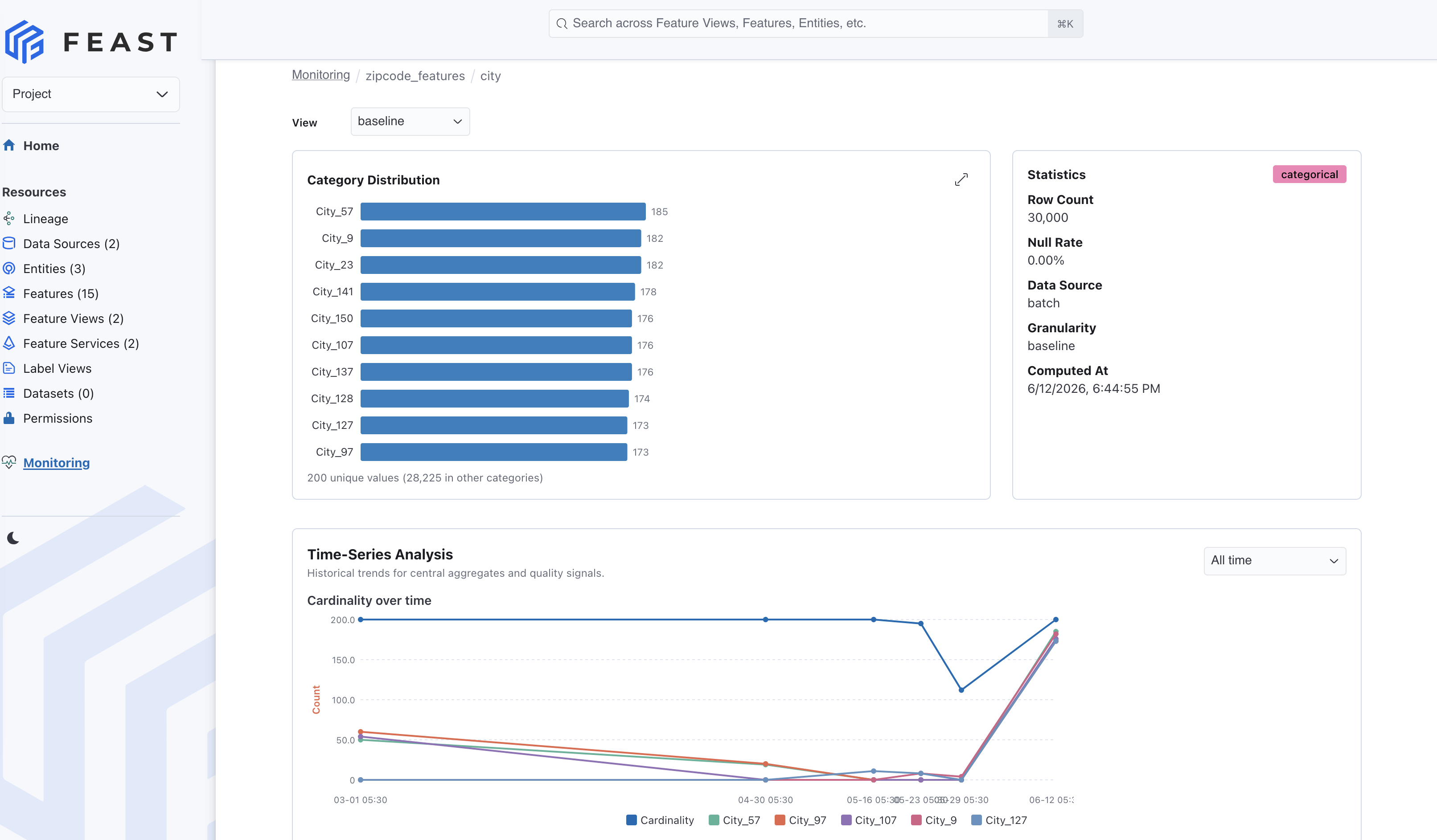 Feast DQM categorical feature detail page with category distribution and statistics