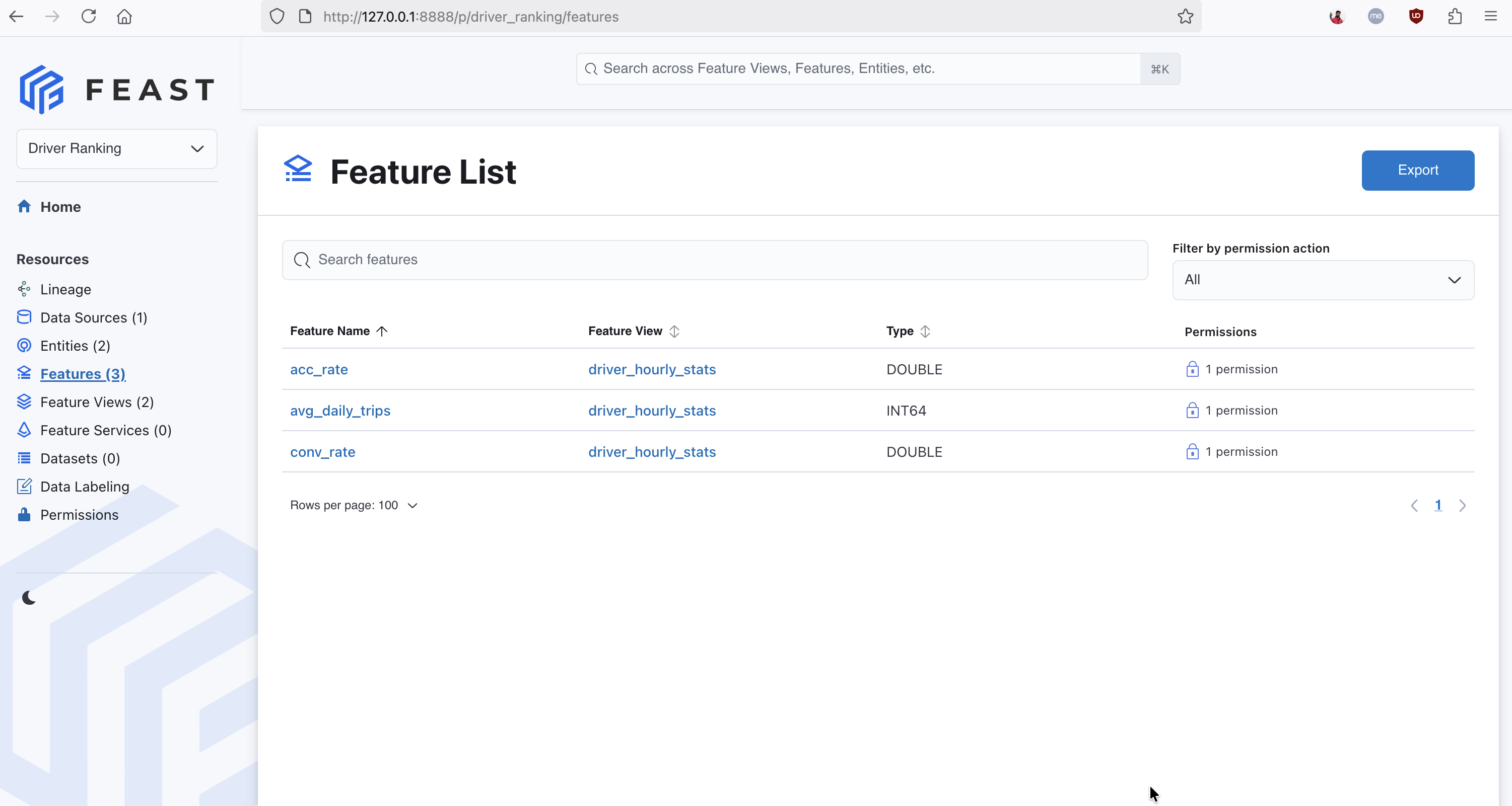 Feast UI showing the Feature List for the Driver Ranking project with conv_rate, acc_rate, and avg_daily_trips features