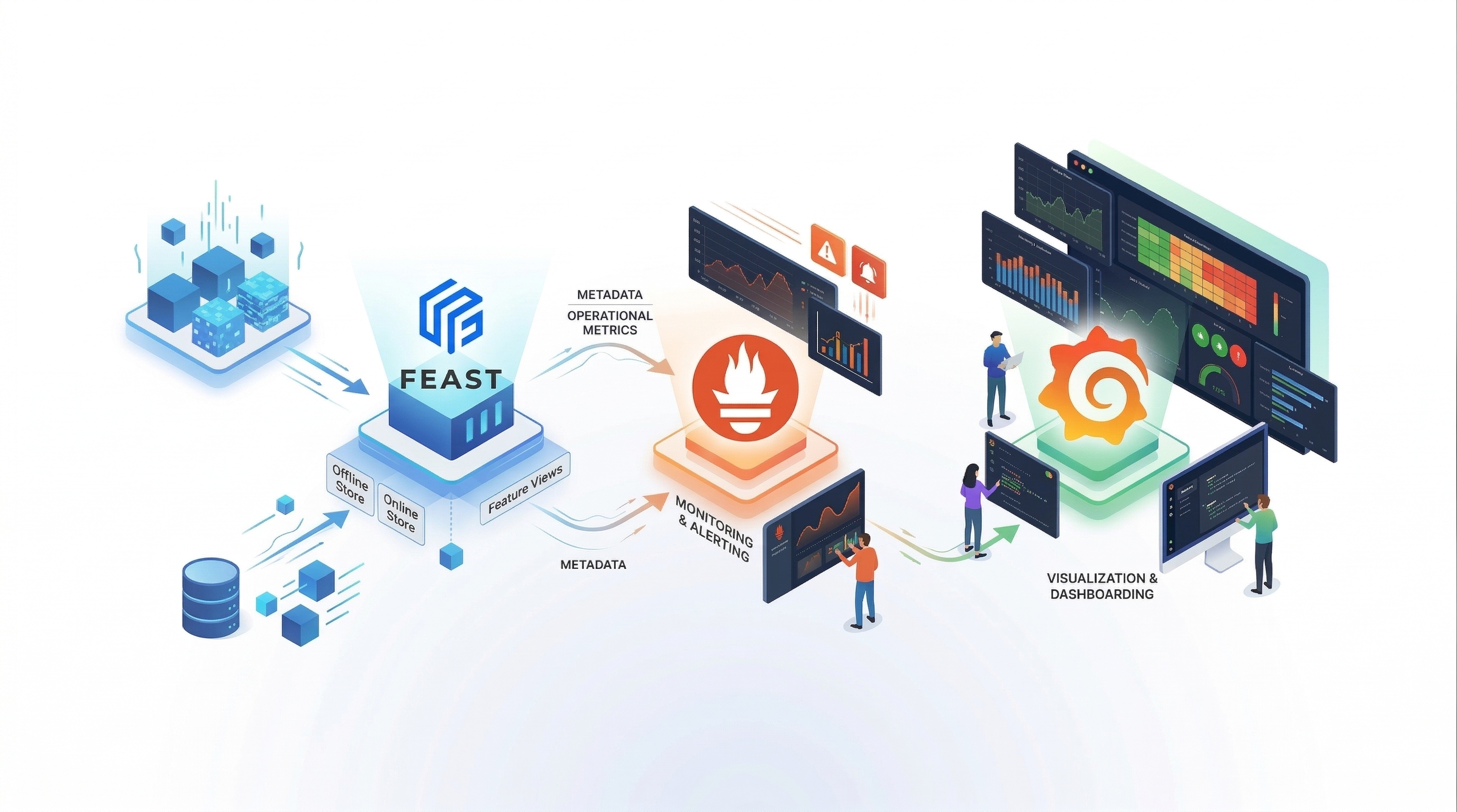 Feast Feature Server Monitoring — Feast exports metrics to Prometheus for monitoring and alerting, visualized in Grafana dashboards