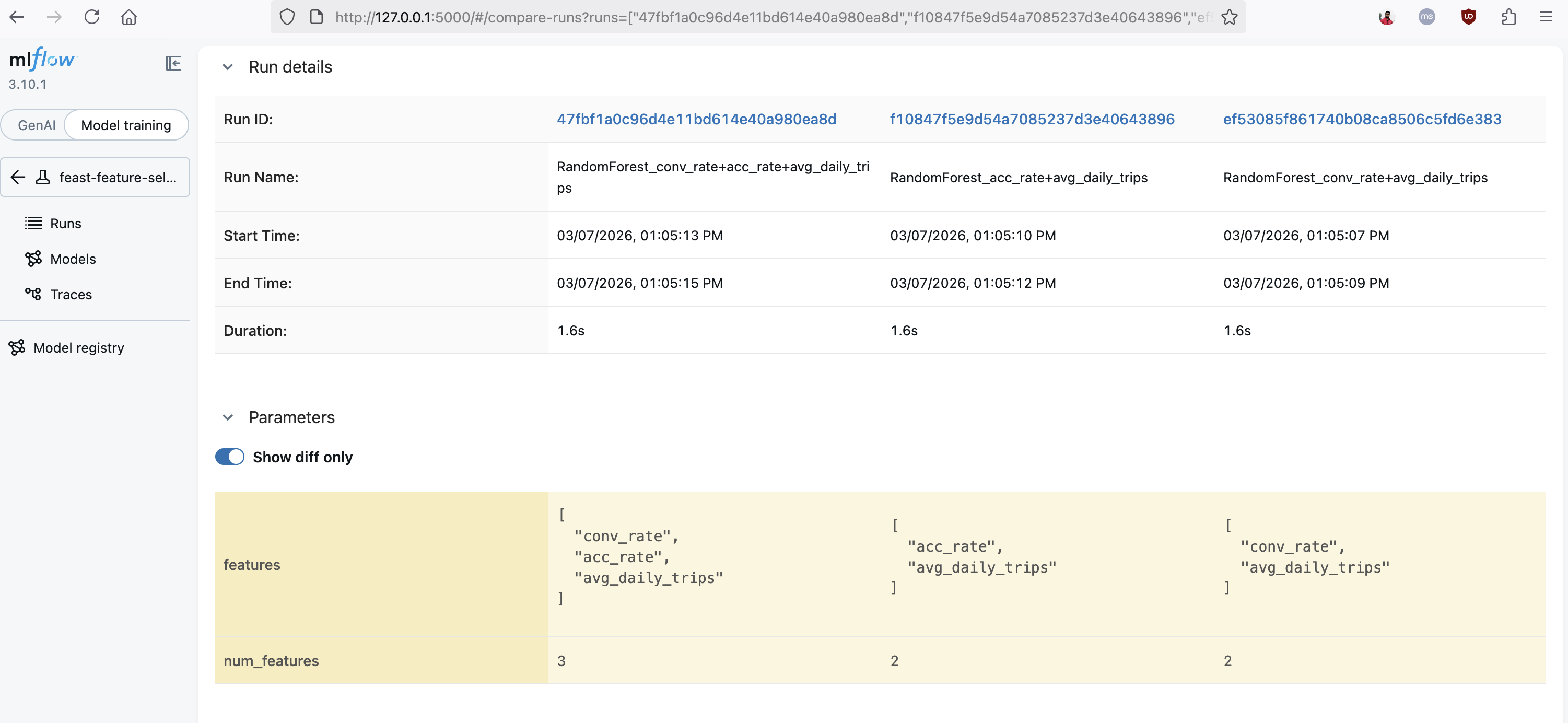 MLflow comparison view showing three experiment runs side by side with different feature combinations