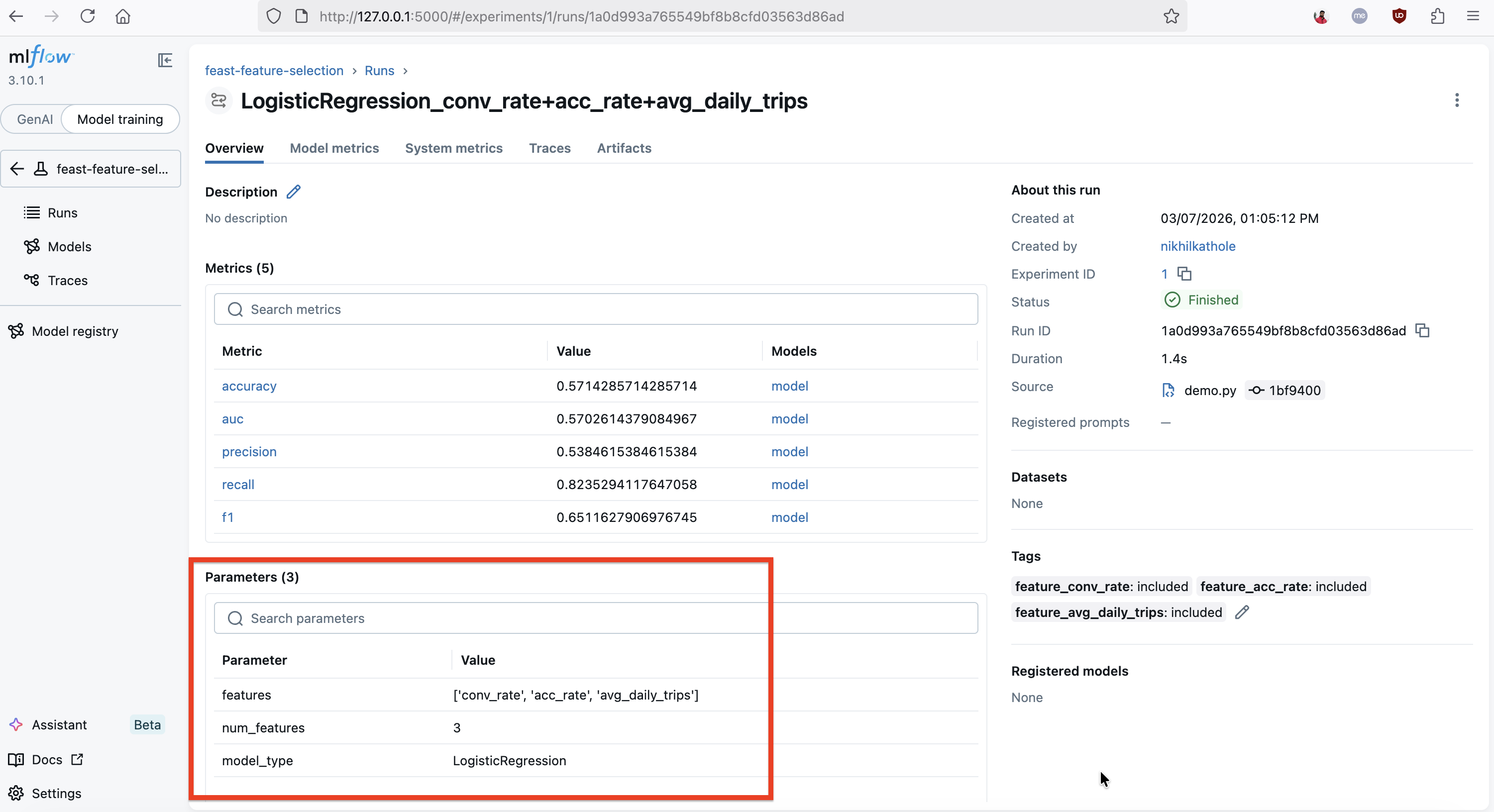 MLflow UI showing a LogisticRegression run with all three Feast features, metrics, parameters, and feature tags