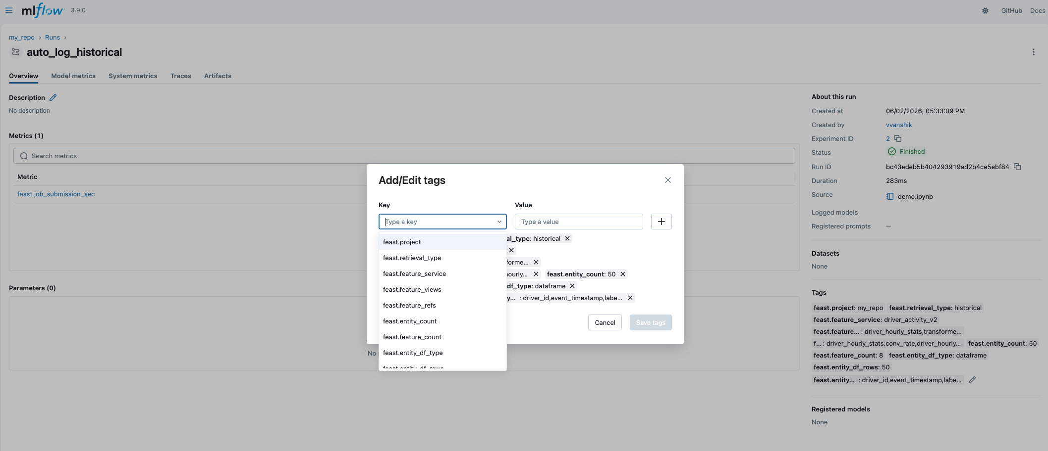 Model metadata with Feast tags in MLflow