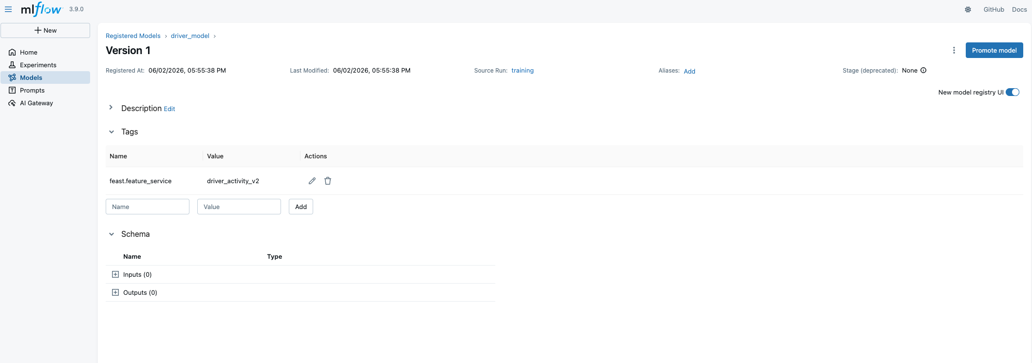 Registered model with feast.feature_service tag