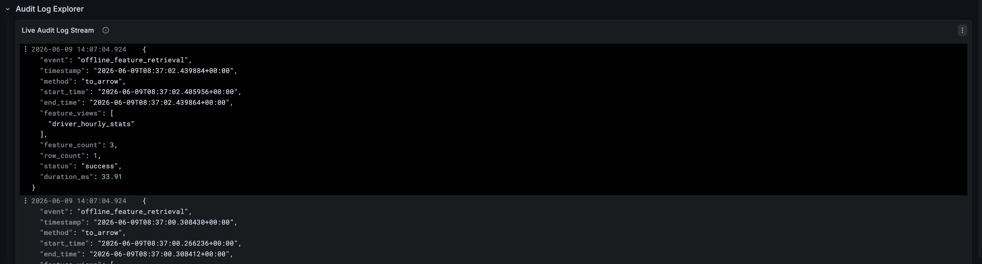 Grafana dashboard showing audit logs for offline store